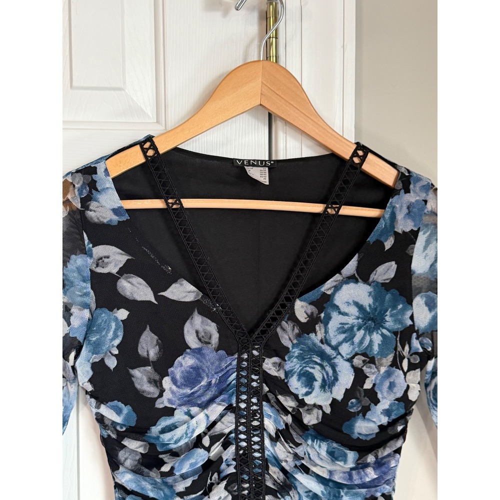 Venus Floral Fairy Mesh Bell Sleeve Top Womens XS Blue Ruched Y2K Boho Blouse - Picture 3 of 12